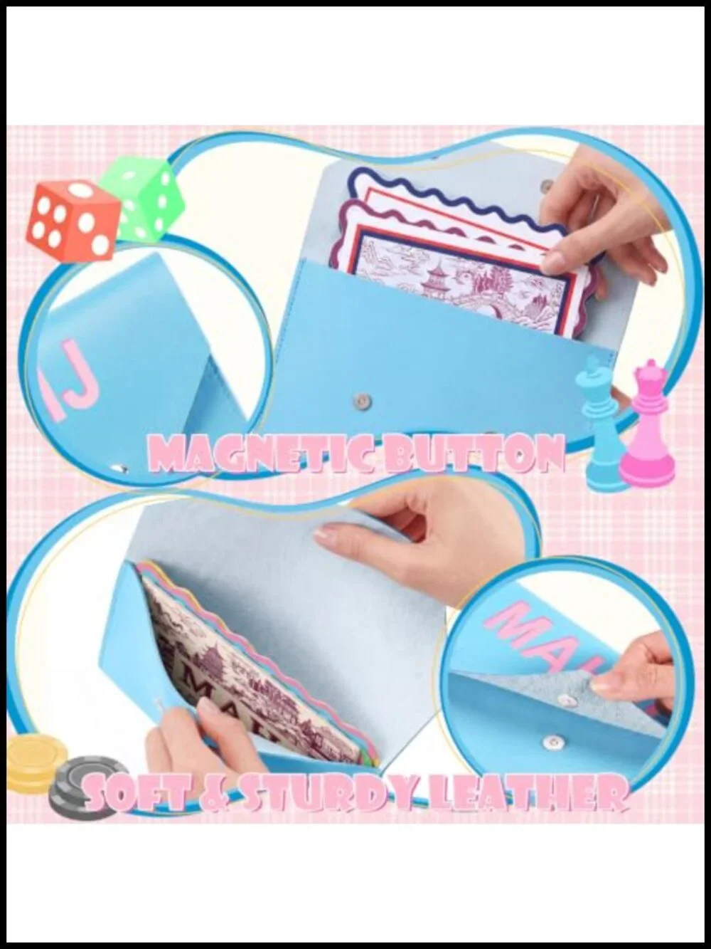 Leather Mahjong Card Bag Clutch with PU Squeeze Dice Bag